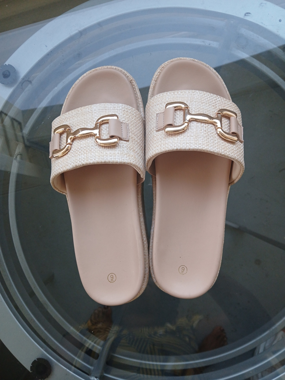 & Other Stories Beige Woven Slide Sandals with Gold Chain